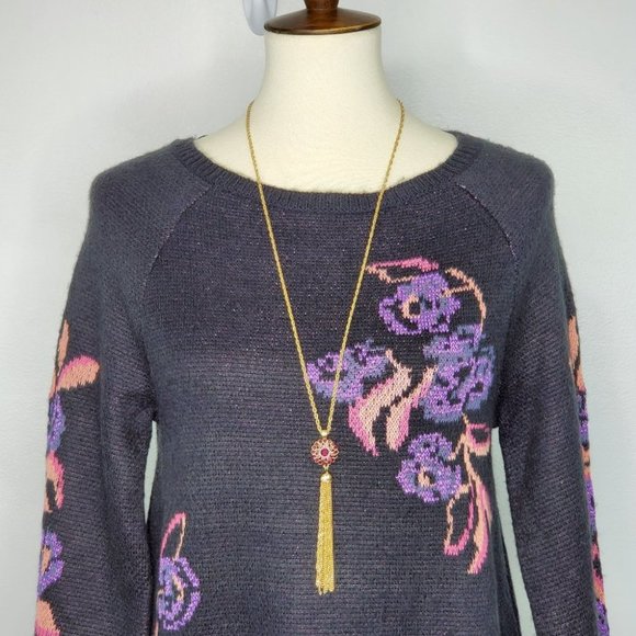 Style & Co Black Sweater With Purple Orange Pink Abstract Floral NWOT Size S - Picture 2 of 10